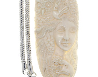 Lady Eagle Owl Carving Pendant & FREE 3MM Italian 925 Sterling Silver Chain C234