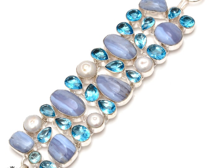 Blue Lace Agate Pearl Blue Topaz 925 Sterling Silver Bracelet B3767