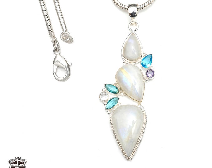 Moonstone Amethyst 925 Sterling Silver Pendant & 3MM Italian 925 Sterling Silver Chain P9319