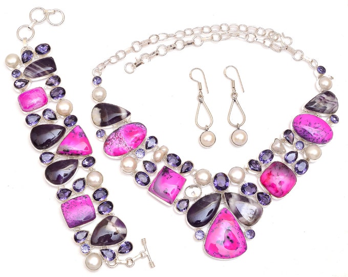 Shocking Pink! Pink Dendritic Opal Chevron Amethyst Fine 925 Sterling Silver Necklace Bracelet Drop & Dangle Earrings SET1142