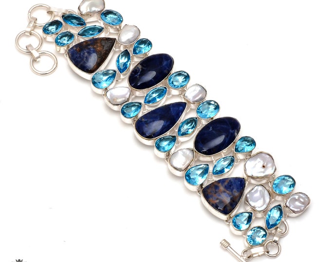 Sodalite Blue Topaz Pearl 925 Sterling Silver Bracelet B3696