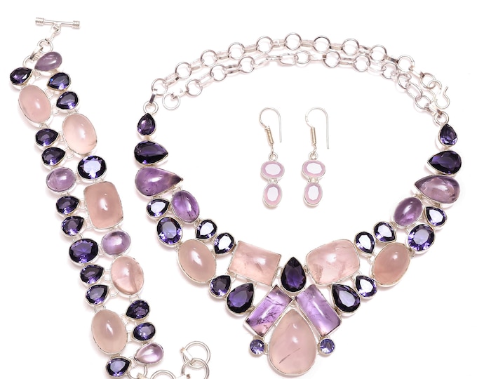 Gotta Get! Rose Quartz Amethyst Ametrine Fine 925 Sterling Silver Necklace Bracelet Dangle & Drop Earrings SET1095