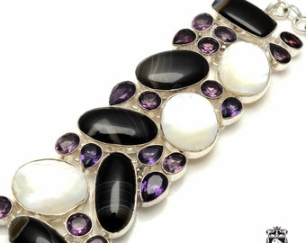 Botswana BANDED Agate Mother of Pearl Amethyst 925 Sterling Silver Bracelet B3118