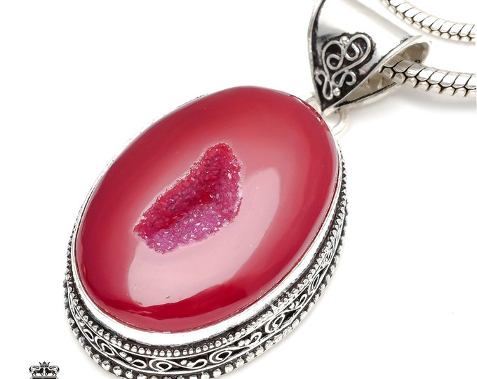 Pink Agate Geode Druzy Pendant & FREE 3MM Italian 925 Sterling Silver Chain V141