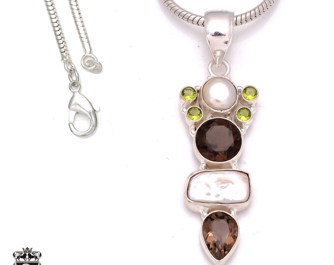 Smokey Topaz Pearl 925 Sterling Silver Pendant & 3MM Italian 925 Sterling Silver Chain P8006