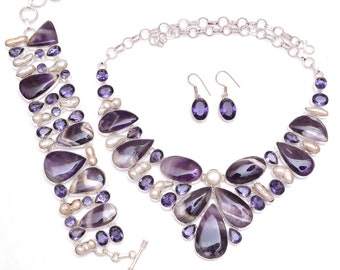 Got to have this! Chevron Amethyst Pearl Fine 925 Sterling Silver Necklace Bracelet Dangle Earrings Necklace SET1149