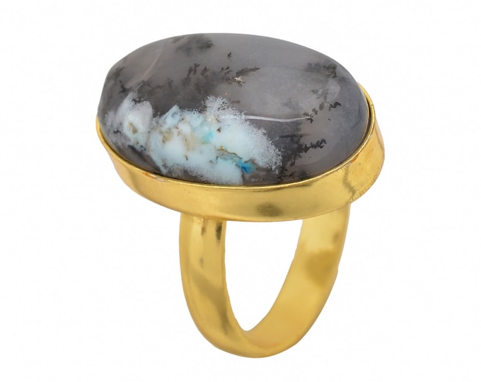 Size 8.5 - Size 10 Dendritic Opal Merlinite Ring Meditation Ring 24K Gold Ring GPR1490