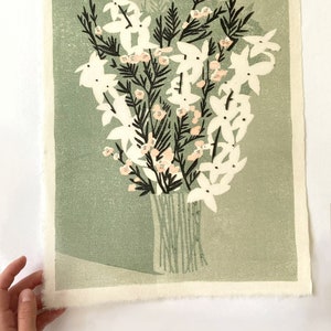 Floral in Green, limited edition block print on okawara paper image 1
