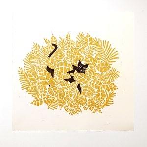 Cat in a Bush Print, Gold and Black Cat Lino Block Print image 2