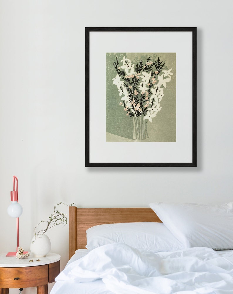 Floral in Green, limited edition block print on okawara paper image 5