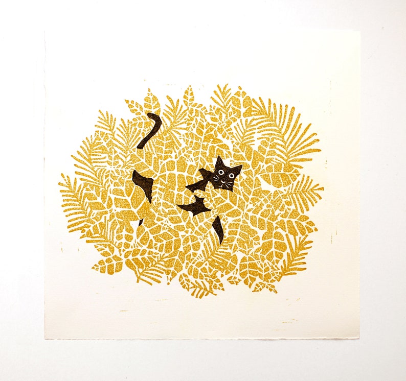 Cat in a Bush Print, Gold and Black Cat Lino Block Print image 2