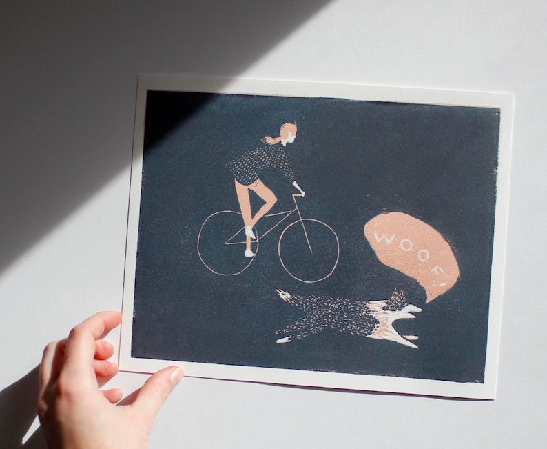 Biking Woman and dog, Woof 8x10 digital print image 1