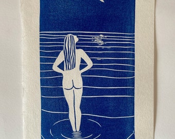 Night Swimmer, Blue Female Figure, small lino print