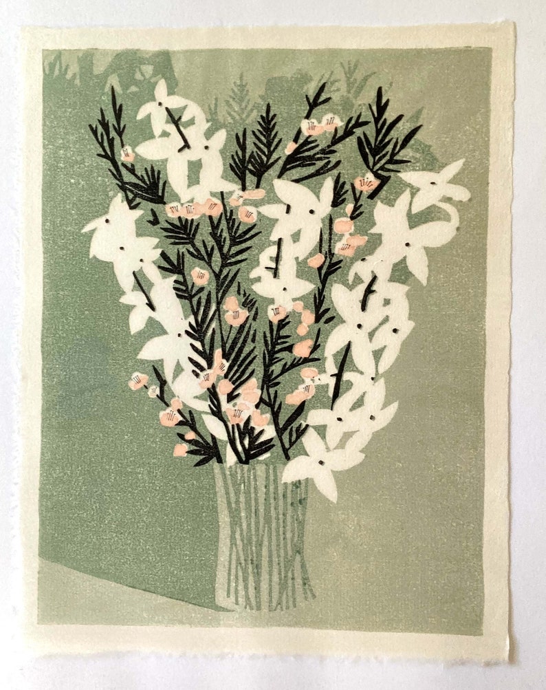 Floral in Green, limited edition block print on okawara paper image 3