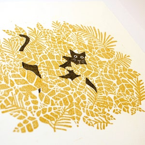 Cat in a Bush Print, Gold and Black Cat Lino Block Print image 3