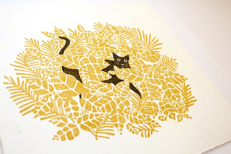 Cat in a Bush Print, Gold and Black Cat Lino Block Print image 3