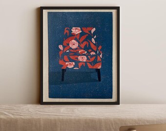 Floral chair print, single edition print, mixed media Linocut print and gouache