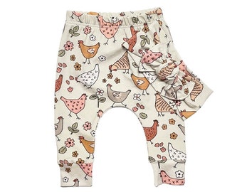 Chicken Baby Girl leggings and/or Top Knot Bow, Toddler pants, Going Home Outfit, Cute Baby Clothes, Newborn Gift