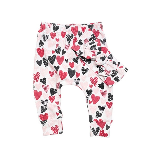 Valentine Hearts Baby Girl leggings and/or Top Knot Bow, Valentine's Day Toddler pants, Valentine Outfit, Cute Baby Clothes, Newborn Gift