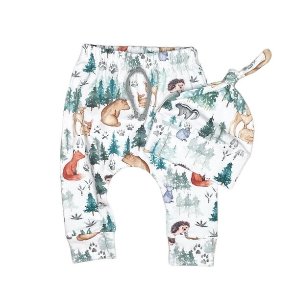 Woodland Animal Leggings, Woodland Pants and Hat Animal Baby Outfit Coming Home Outfit Wildlife Baby Gift Woodland Baby Gift