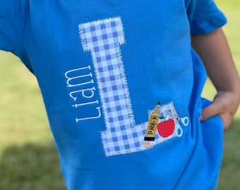 Personalized Back to School Shirt for Boys Custom First Day of School T- Shirt with Gingham Monogram Initial and Name Tee Pre-K Shirt