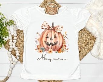 Personalized Halloween Girls Toddler Shirt, Custom Name Fall Shirt, Girls Pumpkin with Bow Shirt, Cute Halloween Apparel for kids