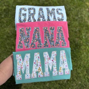 Pu&ograve; includere: Tre magliette colorate sovrapposte. La maglietta superiore &egrave; azzurra con la scritta "GRAMS" in stampa floreale. La maglietta centrale &egrave; rosa con "NANA" in stampa floreale. La maglietta inferiore &egrave; verde acqua con "MAMA" in stampa floreale.