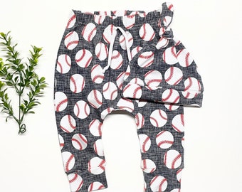 Baseball Baby Pants and or Hat, Baby Leggings, Toddler Pants, Joggers, Baseball Outfit Organic Baby Clothes, Going Home Outfit, Newborn Gift