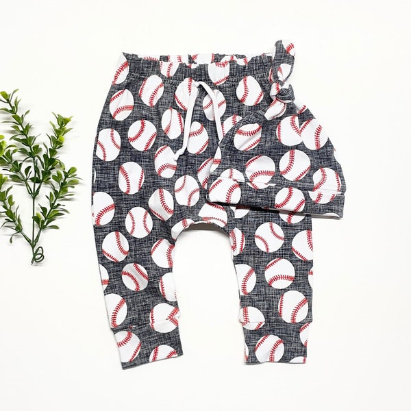 Baseball Baby Pants and or Hat, Baby Leggings, Toddler Pants, Joggers, Baseball Outfit Organic Baby Clothes, Going Home Outfit, Newborn Gift