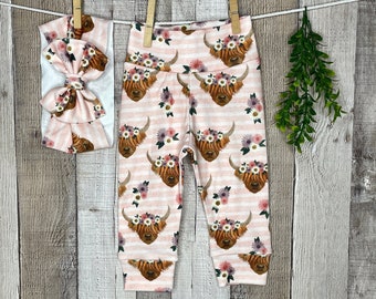 Highland Cow leggings, Highland Cattle Pants, Toddler Leggings, Going Home Outfit, Farm Clothes, Organic baby Clothes, Newborn Outfit