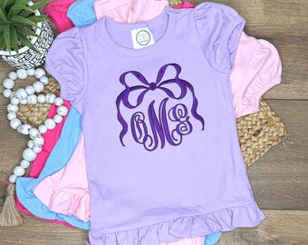 Personalized Monogrammed Shirt, Girls Monogram Bow Shirt, Toddler Ruffle Tee, Custom Birthday Gift, Gift for Toddler Girl