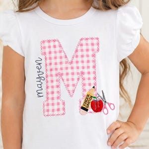Personalized Back to School Shirt for Girls Embroidered First Day of School Tee with Gingham Applique Custom Monogram Shirt for Girl