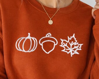 Embroidered Pumpkin Shirt Cute Fall Sweatshirt Women's Minimalist Fall Pullover Autumn Apparel Fall Leaf Acorn Simple Fall Shirt