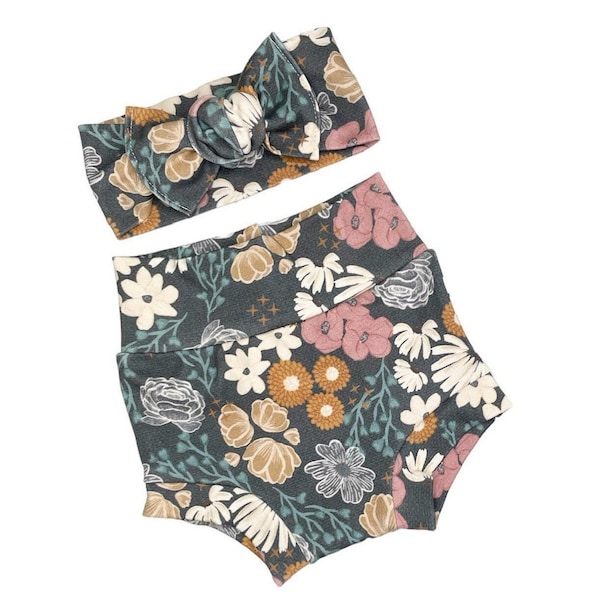 Floral Baby Bummies, Floral Bummies and Bow, High Waisted Bummies, Organic Bummies Outfit, Unique Baby Girl Clothes, Floral Shorts