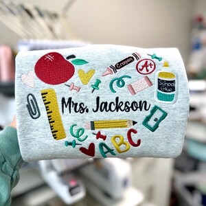 Embroidered Teacher Sweatshirt Gift Custom Name Teacher Shirt 90's Inspired Crewneck Appreciation Gift for School Teacher