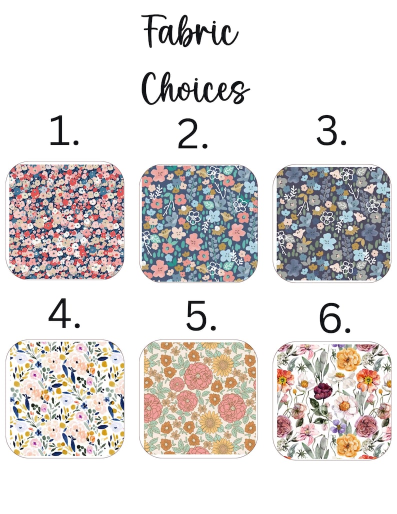 Pu&ograve; includere: L'immagine presenta sei scelte di tessuto con motivi floreali. I motivi presentano una gamma di colori, tra cui rosa, blu, giallo e bianco, su uno sfondo bianco. Il testo "Fabric Choices" &egrave; scritto in alto.