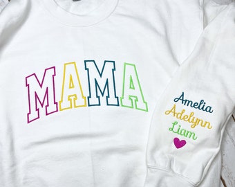 Mama Embroidered Sweatshirt, Custom Mama Shirt With Kids Names, Heart On Sleeve, Pregnancy Reveal Shirt, Gift For New Mom, Mother's Day Gift