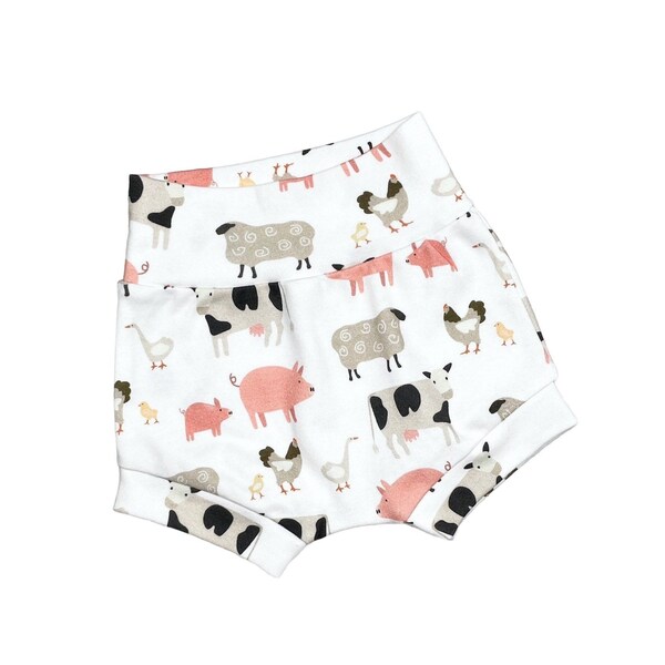 Farm Animals, Bummies, Cow Print Baby Bummies, Shorties, High Waisted Shorts, Unique Baby Girl Clothes, Organic Baby Girl Clothes