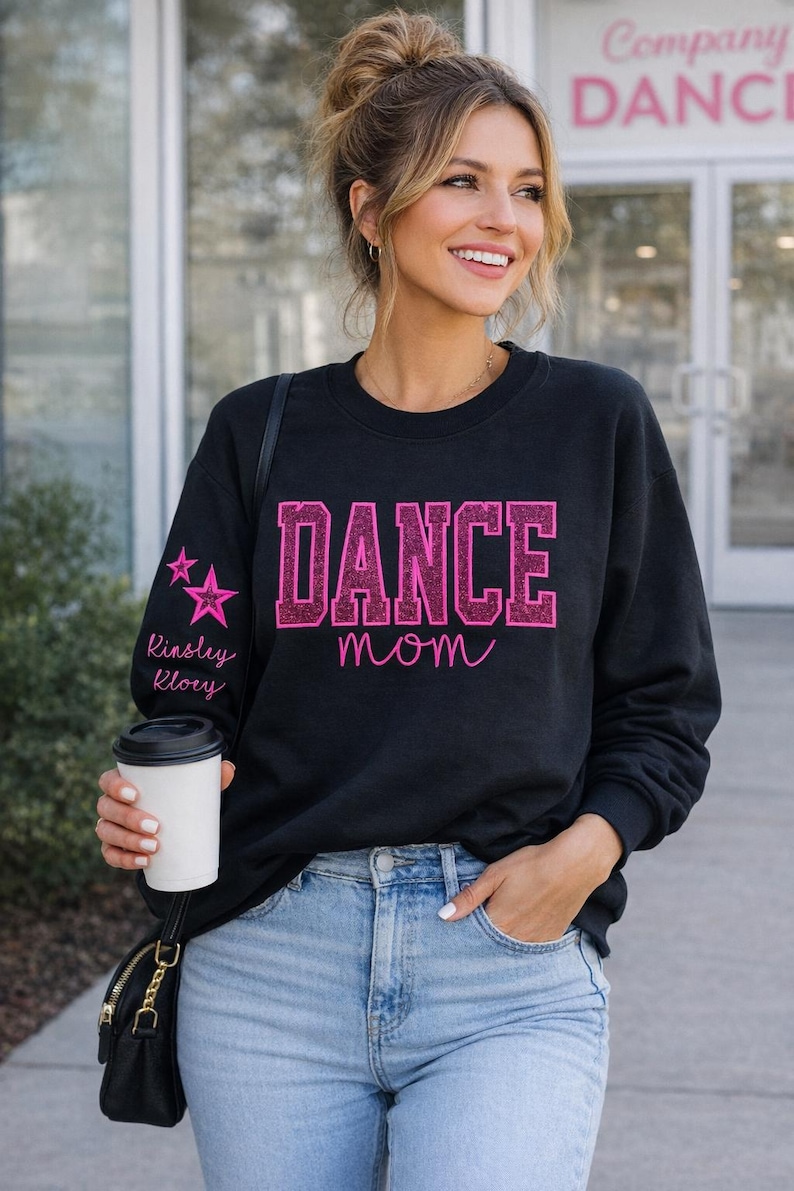 Personalized Embroidered Dance Mom Sweatshirt, Custom Team Crewneck, Dance Mom Star Shirt, with Kids Name on Sleeve, Dance Shirt image 2