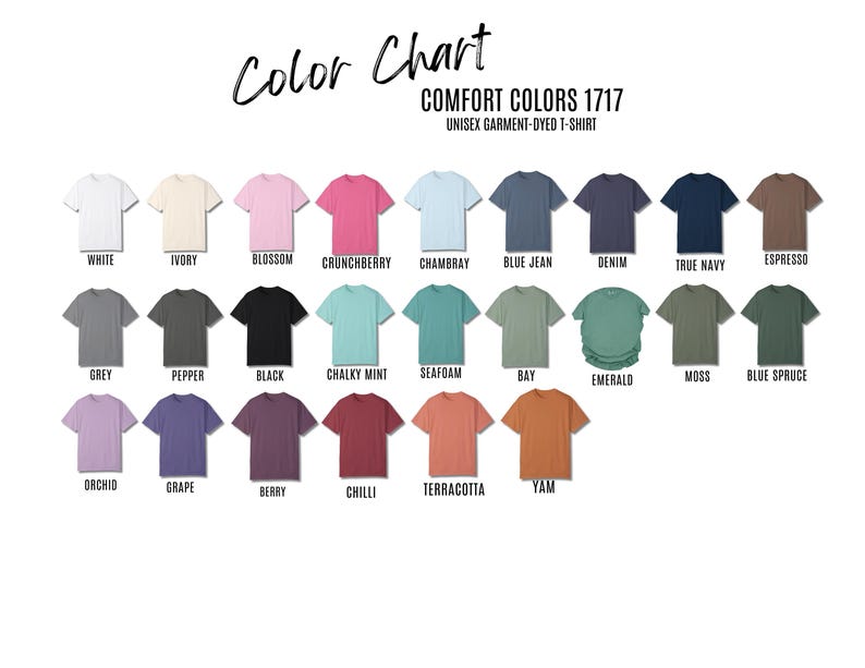 Pu&ograve; includere: Tabella colori di t-shirt unisex Comfort Colors 1717 tinto in capo. La tabella mostra una variet&agrave; di colori, tra cui bianco, avorio, rosa, rosso, blu, denim, blu navy, marrone, grigio, nero, menta, verde, smeraldo, viola e arancione.