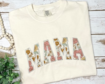 Comfort Colors Mama Shirt, Embroidered Mama Shirt, Applique Short Sleeve Shirt, Simple Mama Top, Gift for Mom, Mama Tee, Pregnancy Reveal