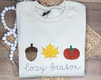 Cozy Season Embroidered Fall Leaves Sweatshirt Pumpkin Shirt Cozy Season Sweater Fall Crewneck Cozy Autumn Shirt Fall Apparel