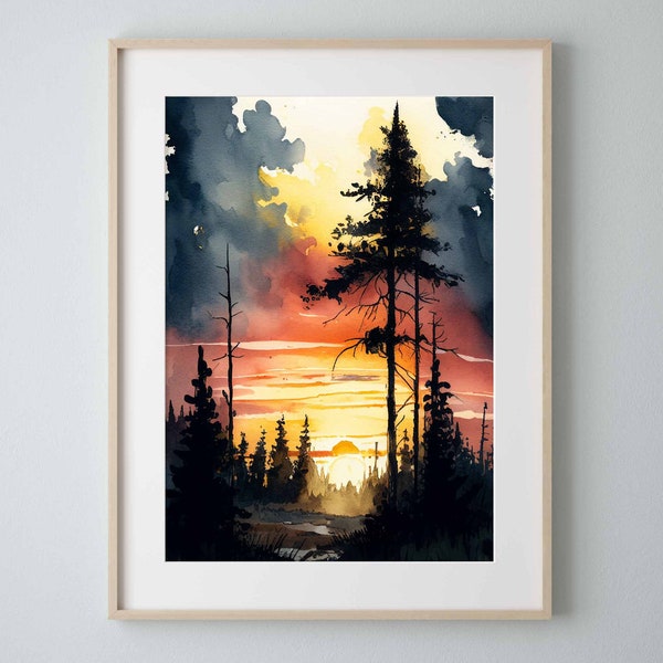 Watercolor Forest Sunset Painting Printable art Wall Poster Watercolour Art Nature Painting Digital Download Art Gift Rustic Home Decor 126