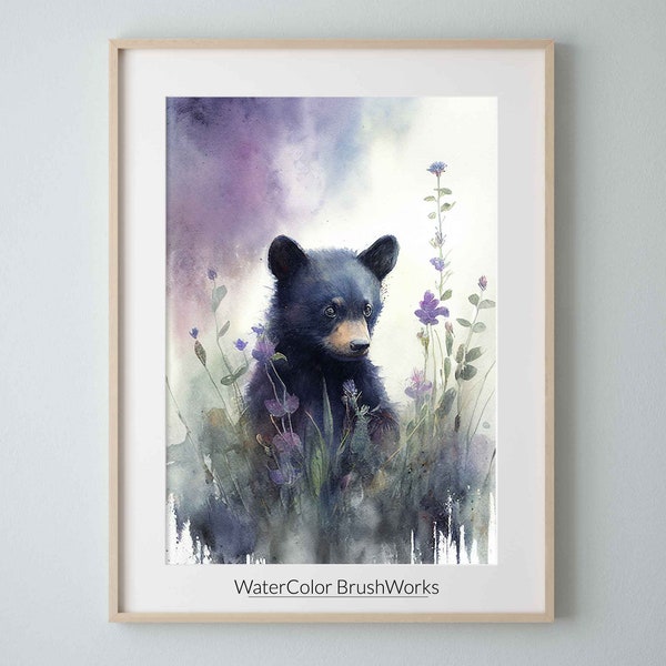 Black Bear Cub Watercolor Art Print, Baby Bear Nature Painting Wall Art Decor, Wild animals Art, Bear Painting, Downloadable Art 173