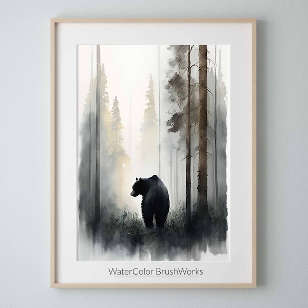 Black Bear Watercolor Art Print, Black Bear and Nature Painting Wall Art Decor, Wild animals Art, Black Bear Painting, Downloadable Art 165