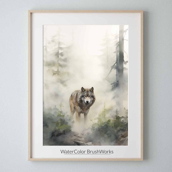 Wolf Watercolor Art Print, Timber Wolf and Nature Painting Wall Art Decor, Wild animals Art, Grey Wolf Painting, Downloadable Art 172