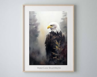 Bald Eagle Watercolor Art Print, Bald Eagle and Nature Painting Wall Art Decor, Wild animals Art, Bald Eagle Painting, Downloadable Art 180