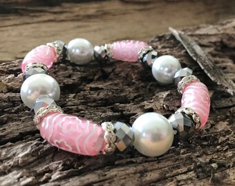 Floral Pink Bead Bracelet, White Pearl and Rhinestone Accents