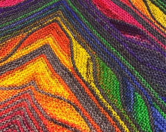 Hand Knit Rainbow Shawl, Boho Wool Wrap, Multi-Colored Triangle Scarf, Colorful Gift for Her, Statement Knitwear