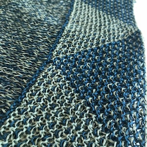 May include: Close-up of a knitted fabric with a blue and beige pattern. The fabric is made of a soft, textured yarn.
